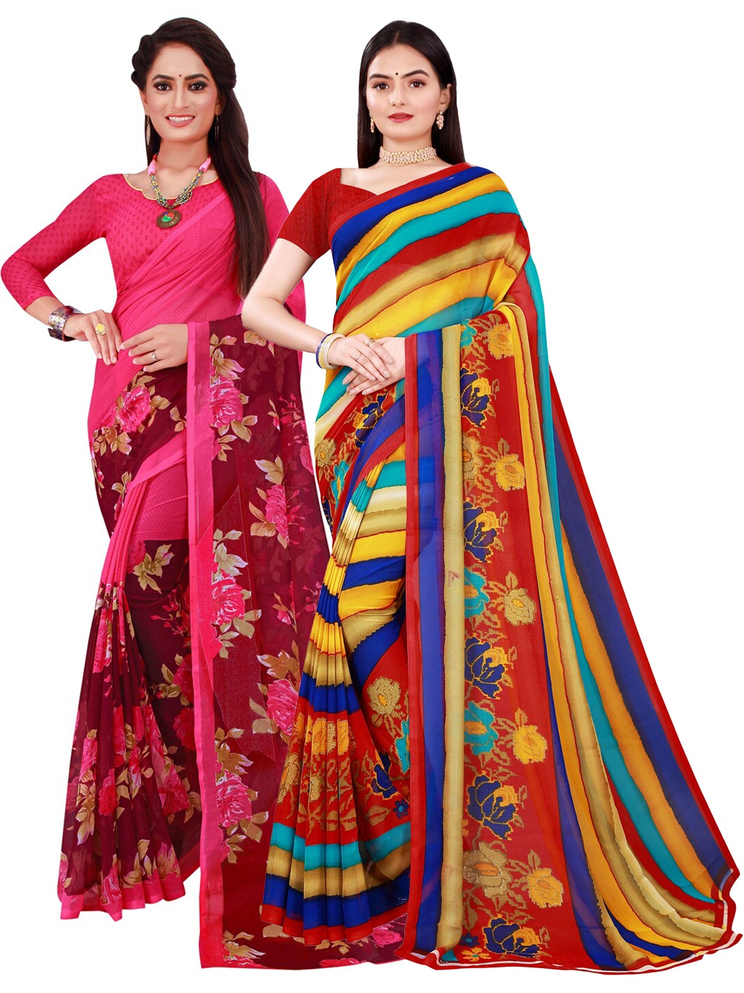 

KALINI Pack of 2 Pink & Yellow Floral Printed Pure Georgette Saree