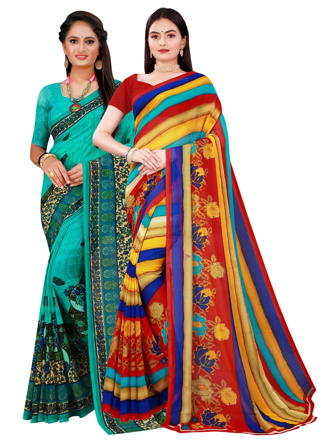 

KALINI Pack Of 2 Blue & Yellow Floral Pure Georgette Saree