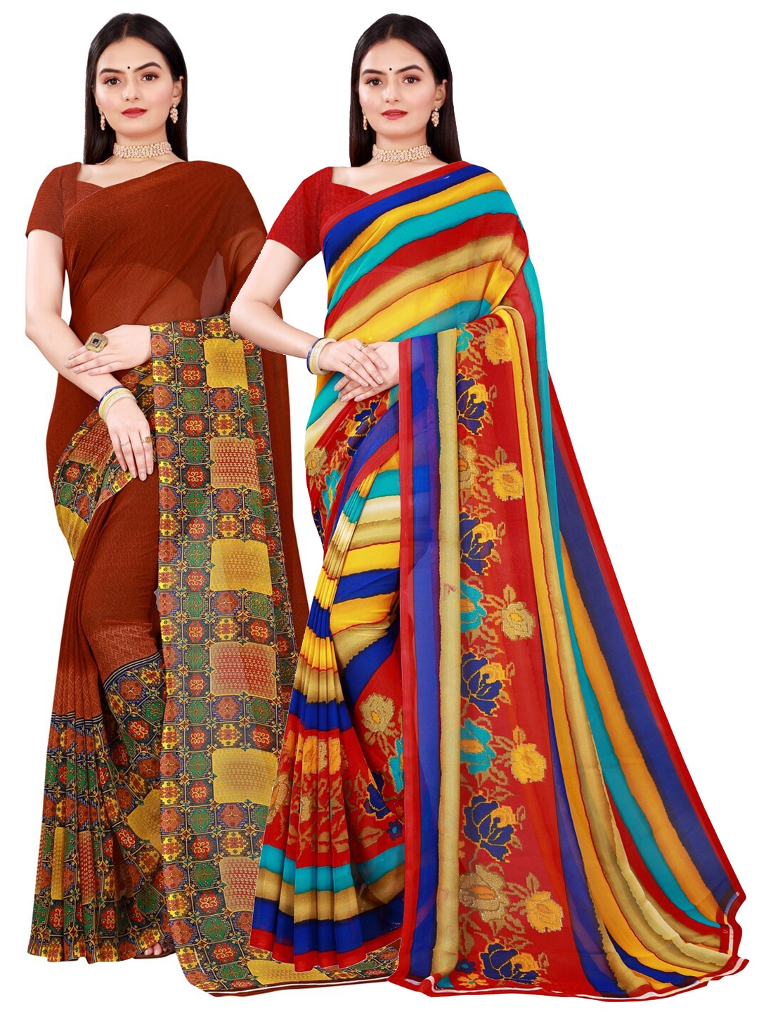 KALINI Pack Of 2 Brown & Yellow Pure Georgette Saree