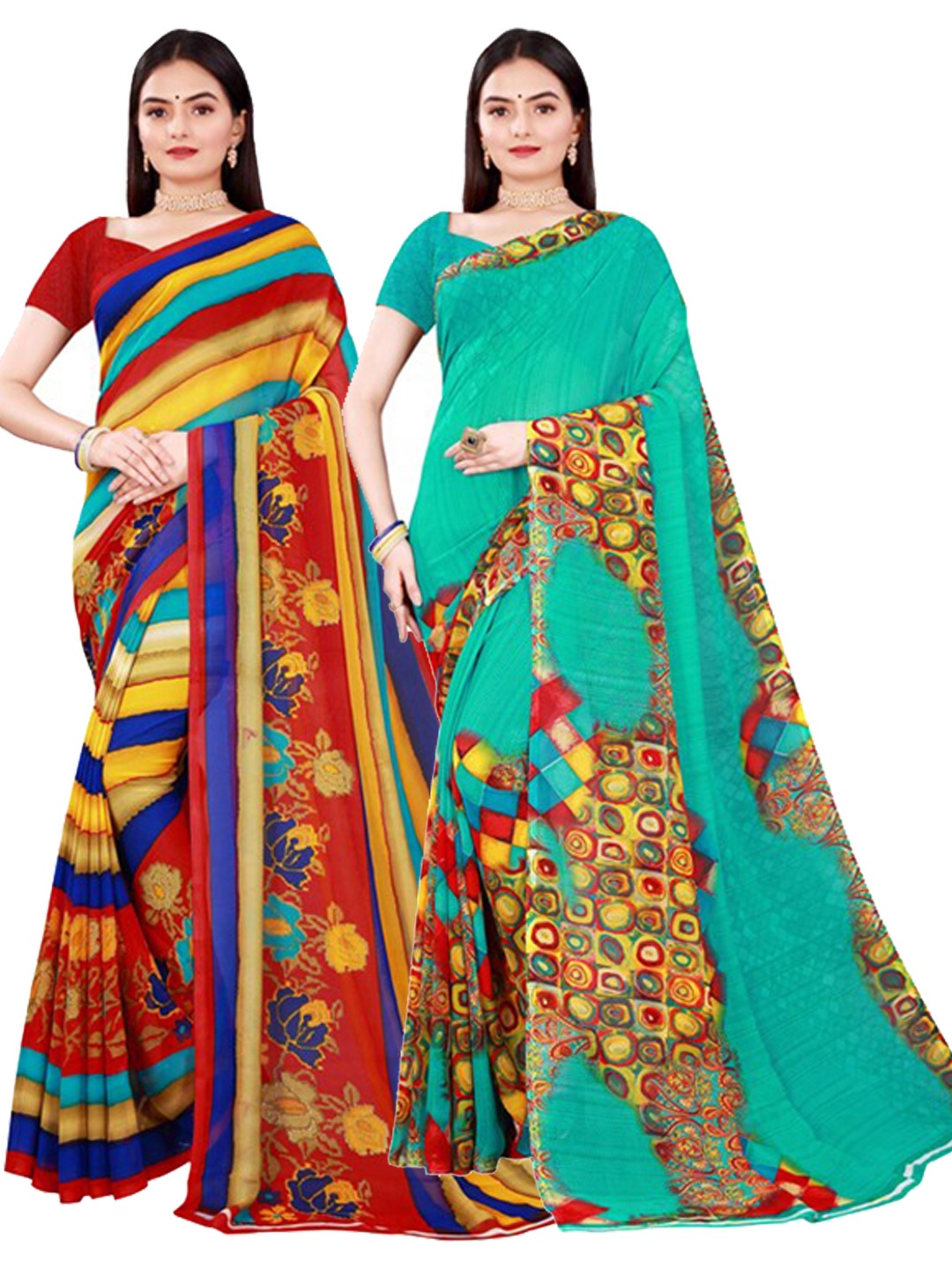 

KALINI Set Of 2 Teal & Yellow Floral Pure Georgette Saree
