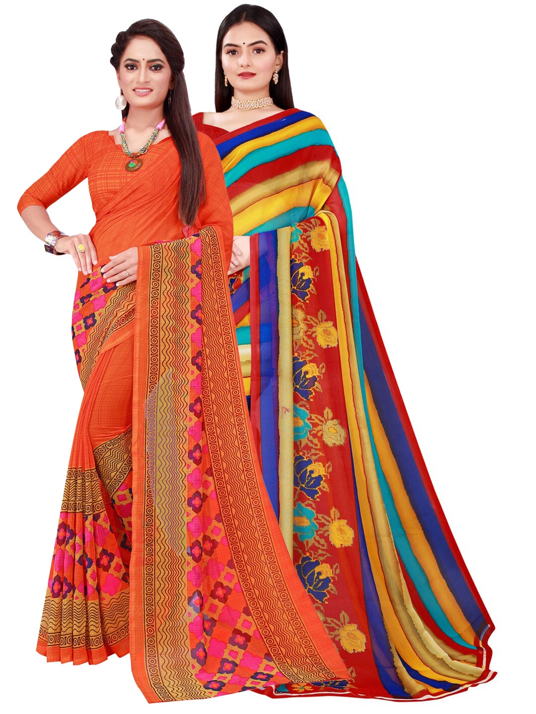 

KALINI Orange & Yellow Pack of 2 Pure Georgette Saree