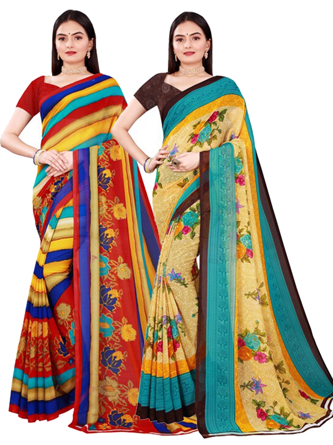 KALINI Pack of 2 Beige & Red Floral Pure Georgette Saree