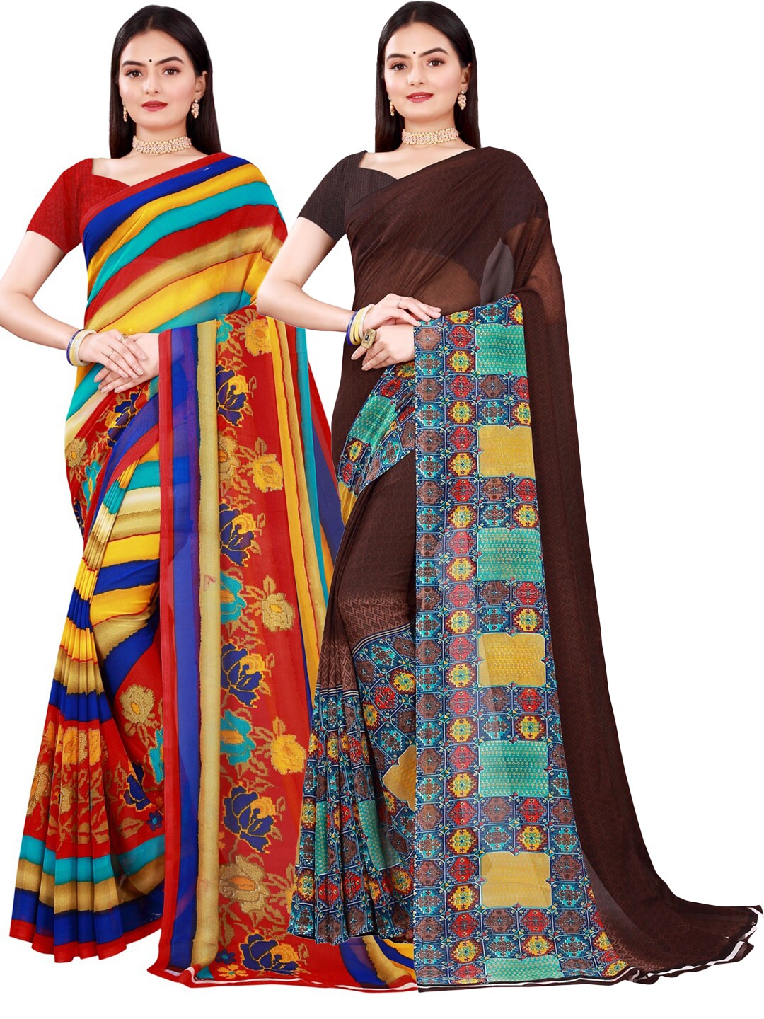 

KALINI Pack of 2 Red & Brown Pure Georgette Saree