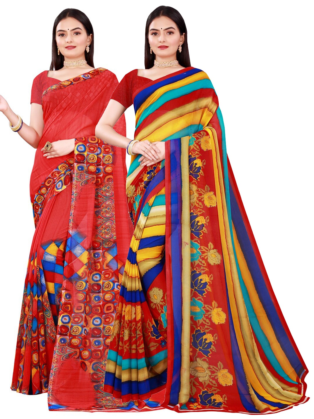 KALINI Pack of 2 Red & Yellow Pure Georgette Sarees