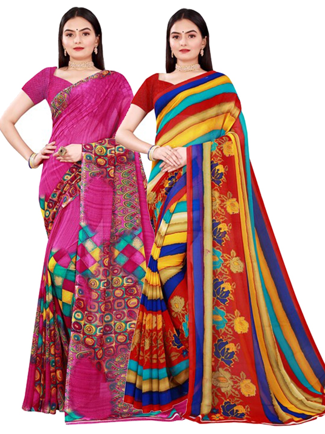 KALINI Magenta & Yellow Pure Georgette Saree Combo