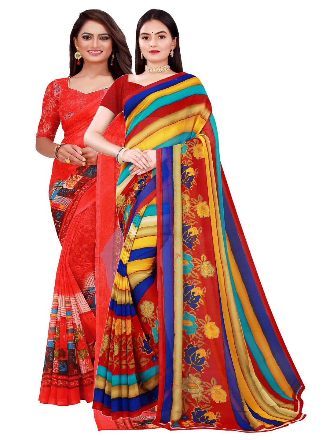 

KALINI Red & Yellow Pack of 2 Printed Pure Georgette Saree