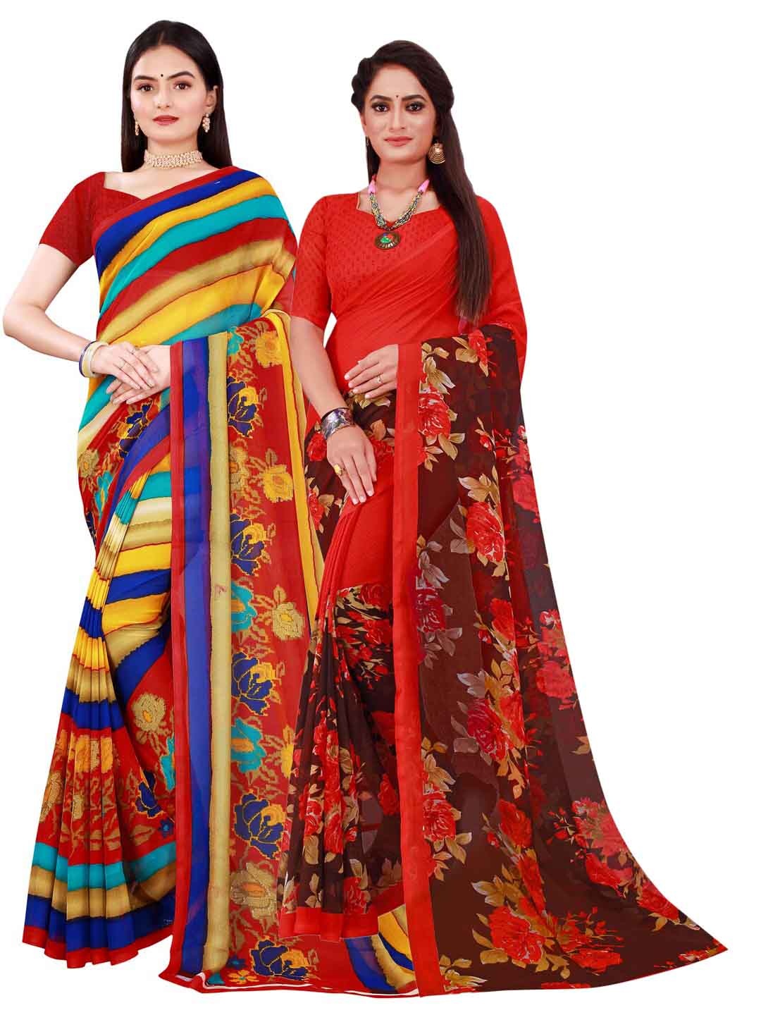 KALINI Pack of 2 Women Red & Yellow Floral Pure Georgette Saree