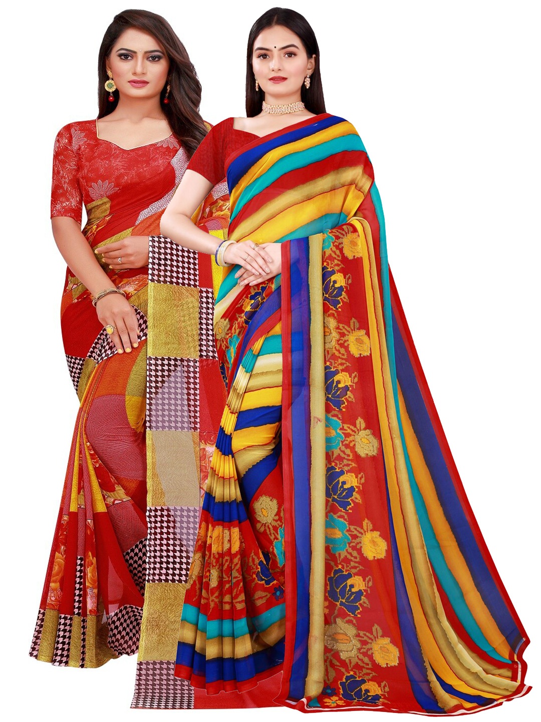 

KALINI Women Pack Of 2 Red & Yellow Printed Pure Georgette Saree