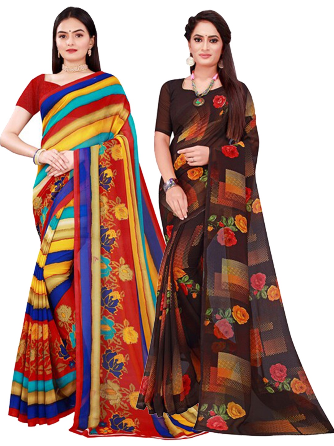 

KALINI Women Pack of 2 Brown & Navy Blue Floral Printed Pure Georgette Sarees