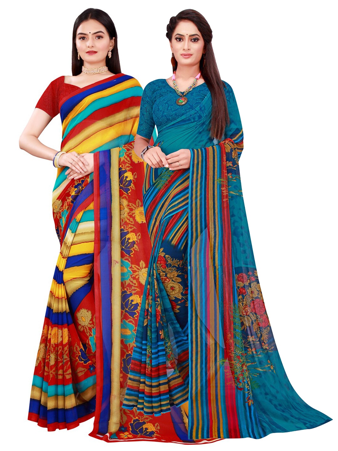 

KALINI Pack Of 2 Blue & Yellow Floral Pure Georgette Saree