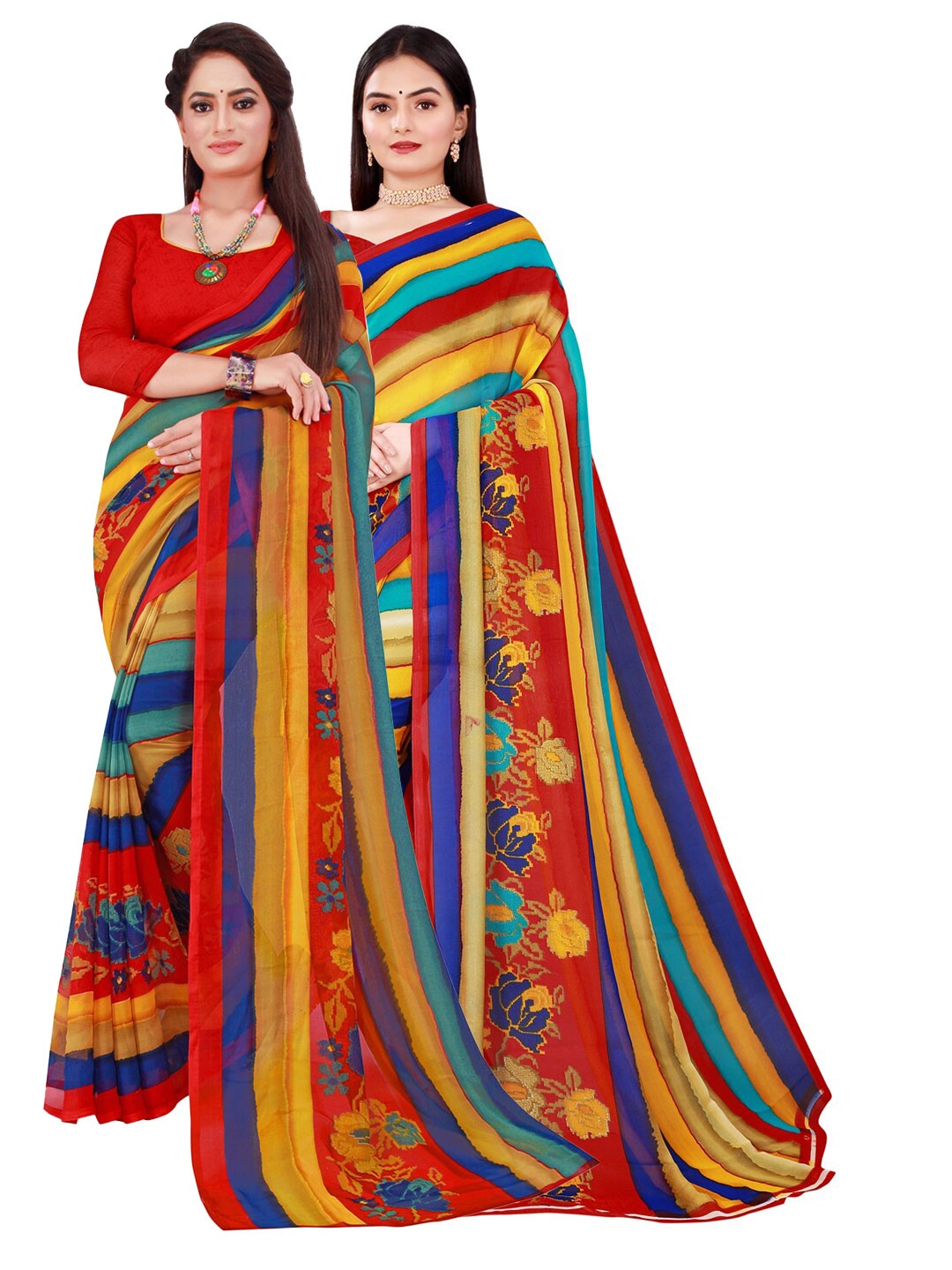 KALINI Pack of 2 Yellow & Red Striped Pure Georgette Saree