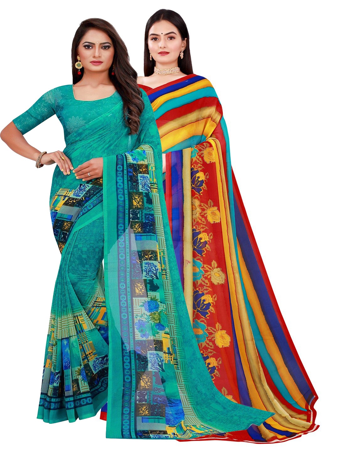 

KALINI Pack of 2 Turquoise Blue & Red Ethnic Motifs Pure Georgette Saree