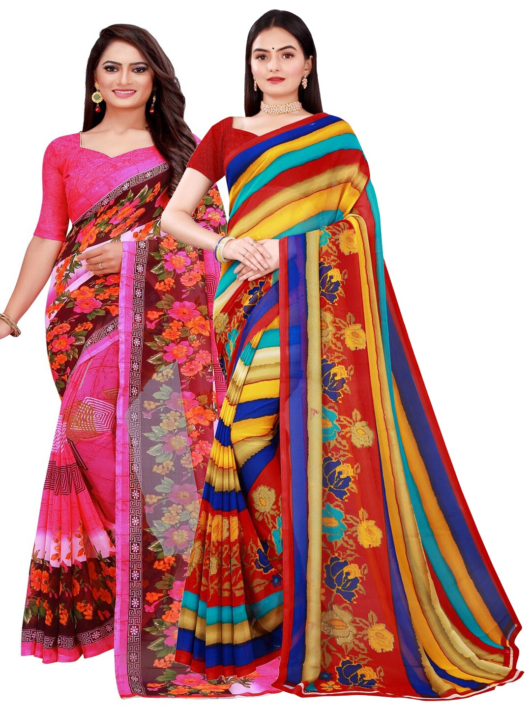 

KALINI Pack of 2 Pink & Yellow Pure Georgette Sarees