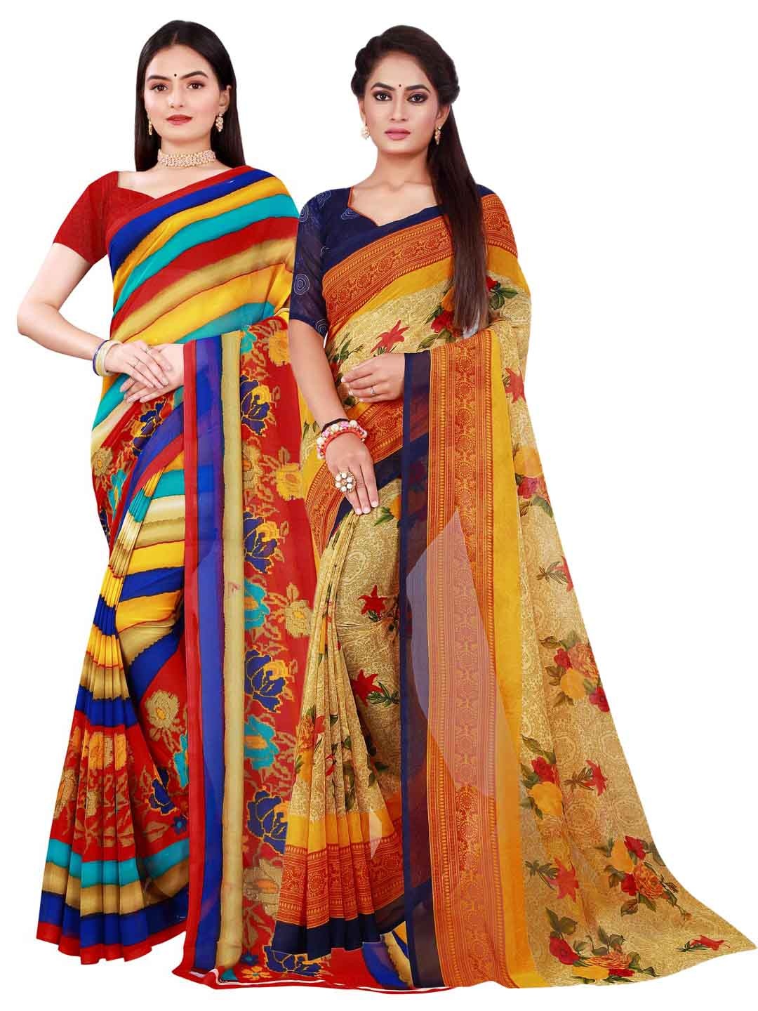 

KALINI Pack of 2 Maroon & Beige Floral Pure Georgette Saree