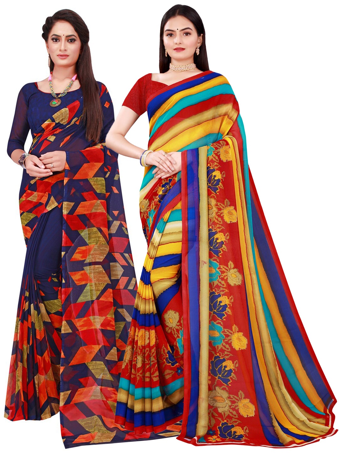 

KALINI Navy Blue & Yellow Pack of 2 Pure Georgette Saree