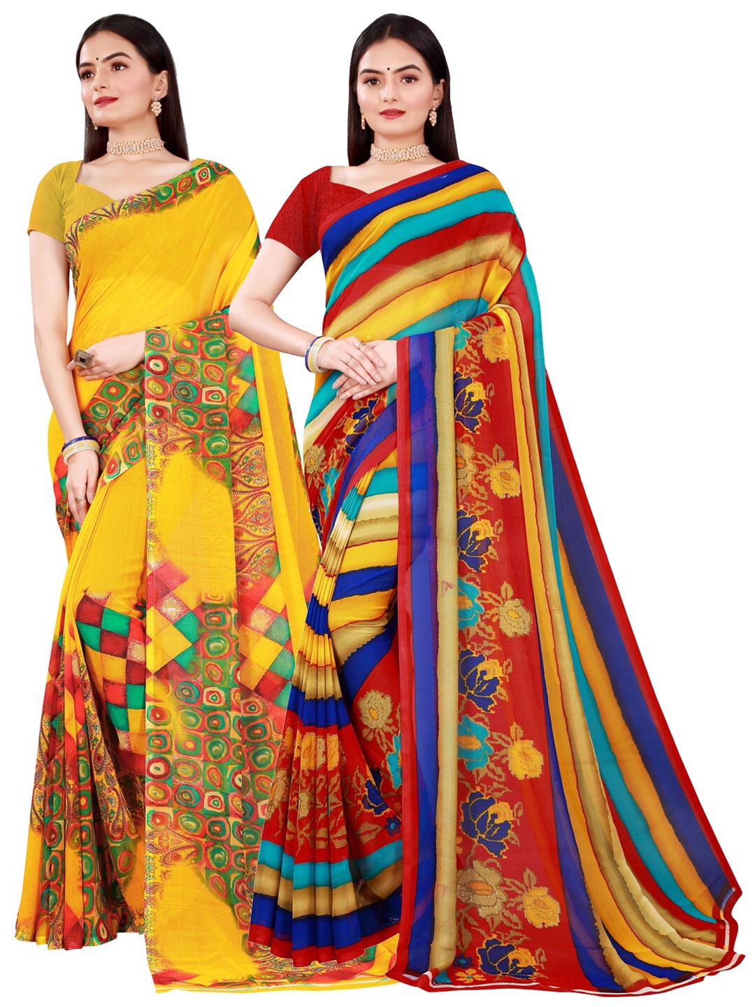 

KALINI Pack of 2 Yellow & Blue Printed Pure Georgette Saree