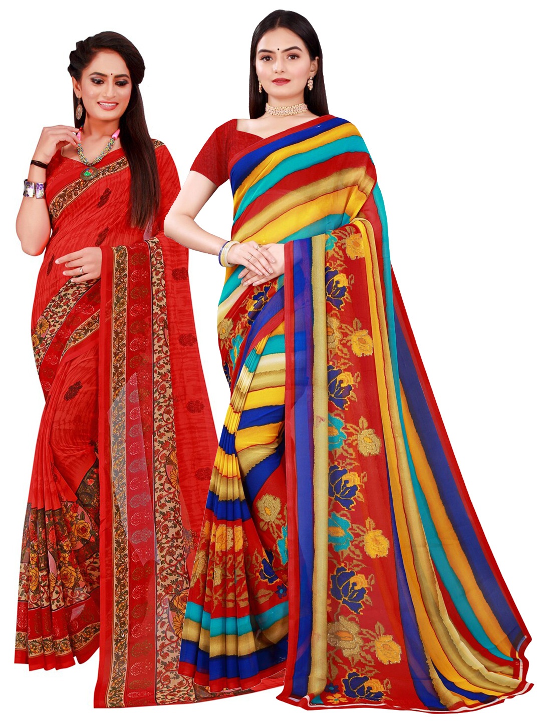 

KALINI Red & Multicoloured Pack of 2 Striped Pure Georgette Saree