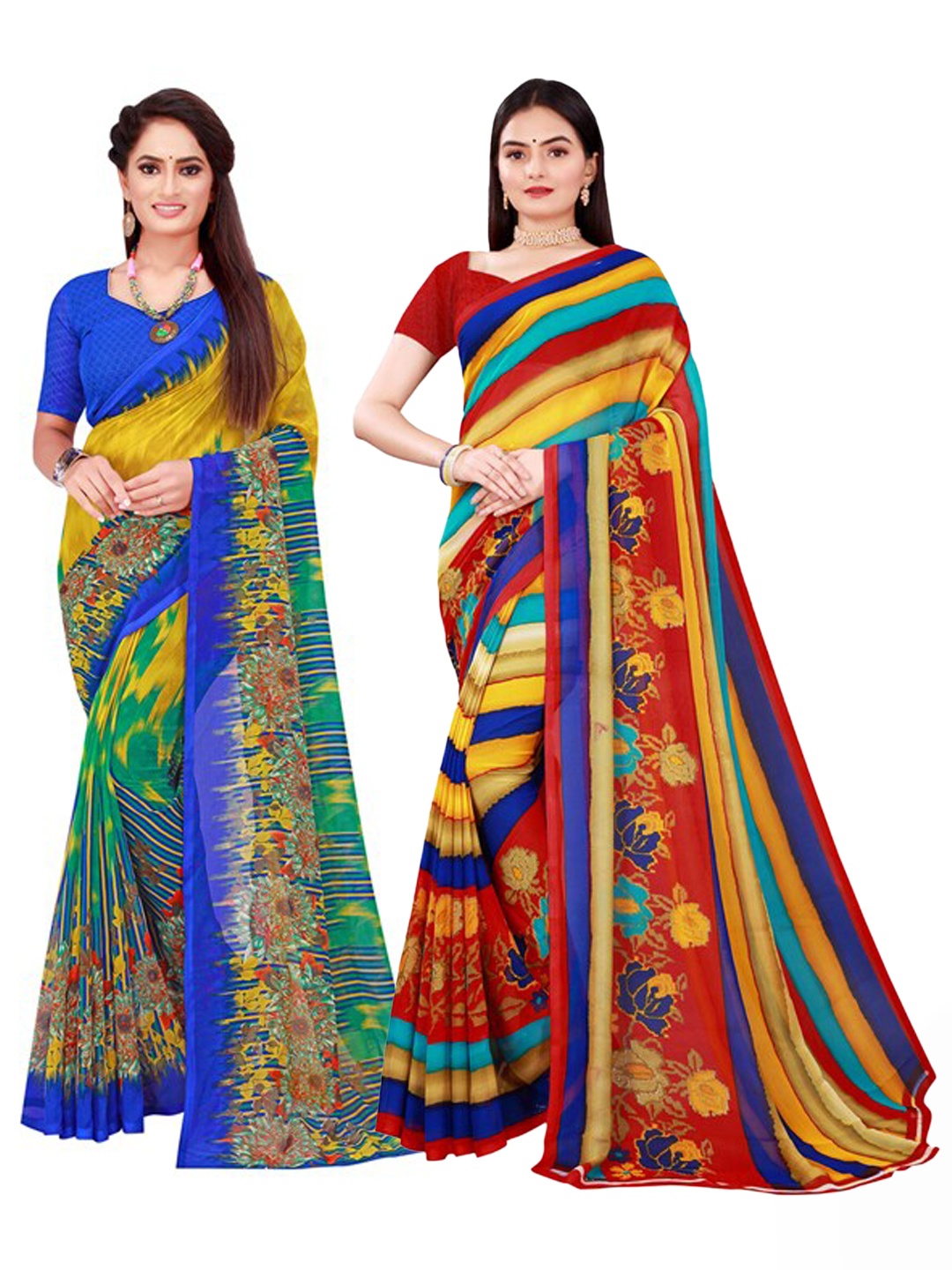 

KALINI Pack of 2 Blue & Yellow Pure Georgette Saree