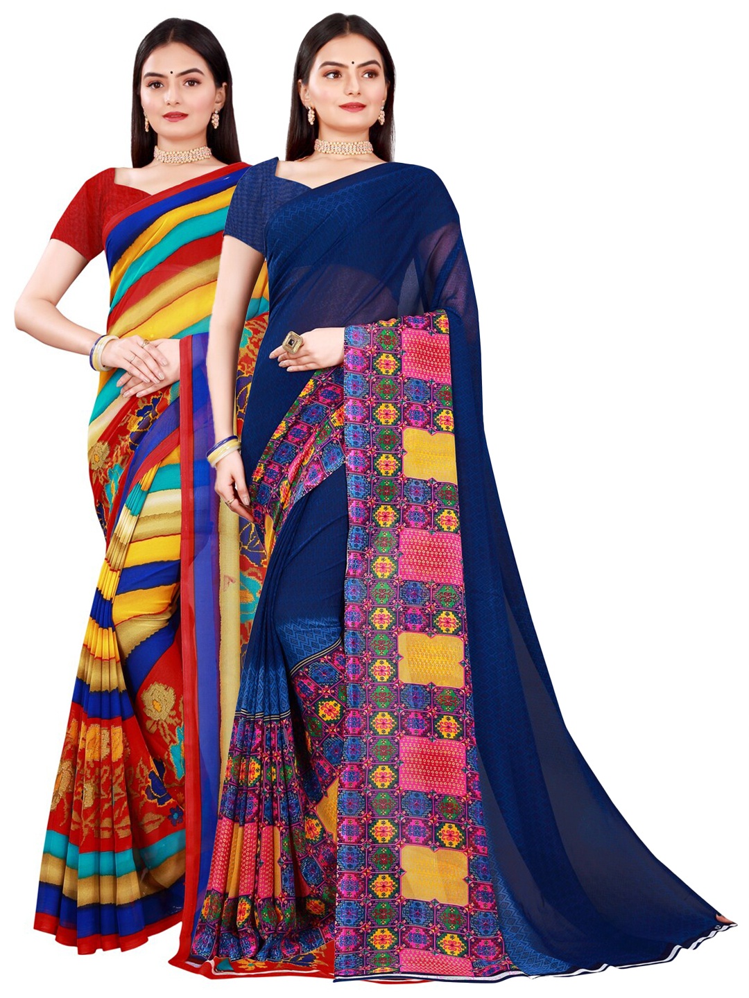 

KALINI Navy Blue & Yellow Pure Georgette Saree
