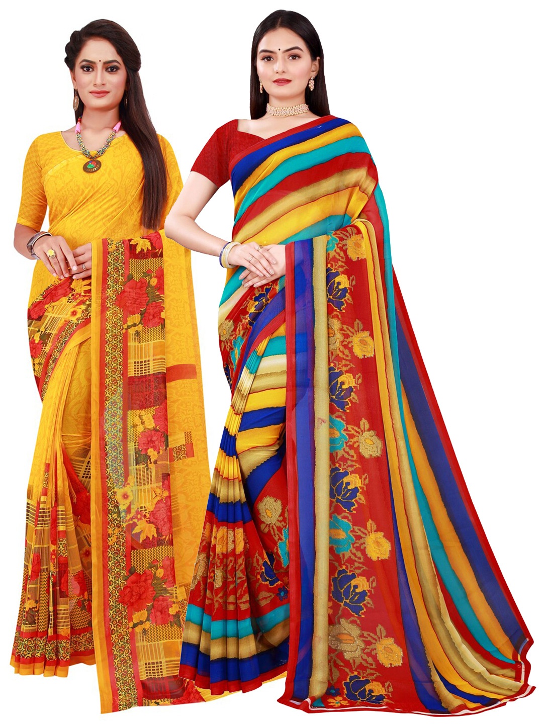 

KALINI Yellow & Blue Pure Georgette Saree
