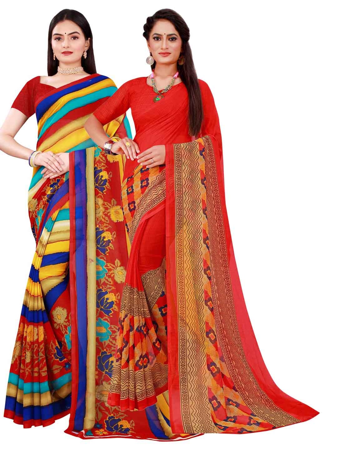 

KALINI Red & Yellow Floral Pure Georgette Saree
