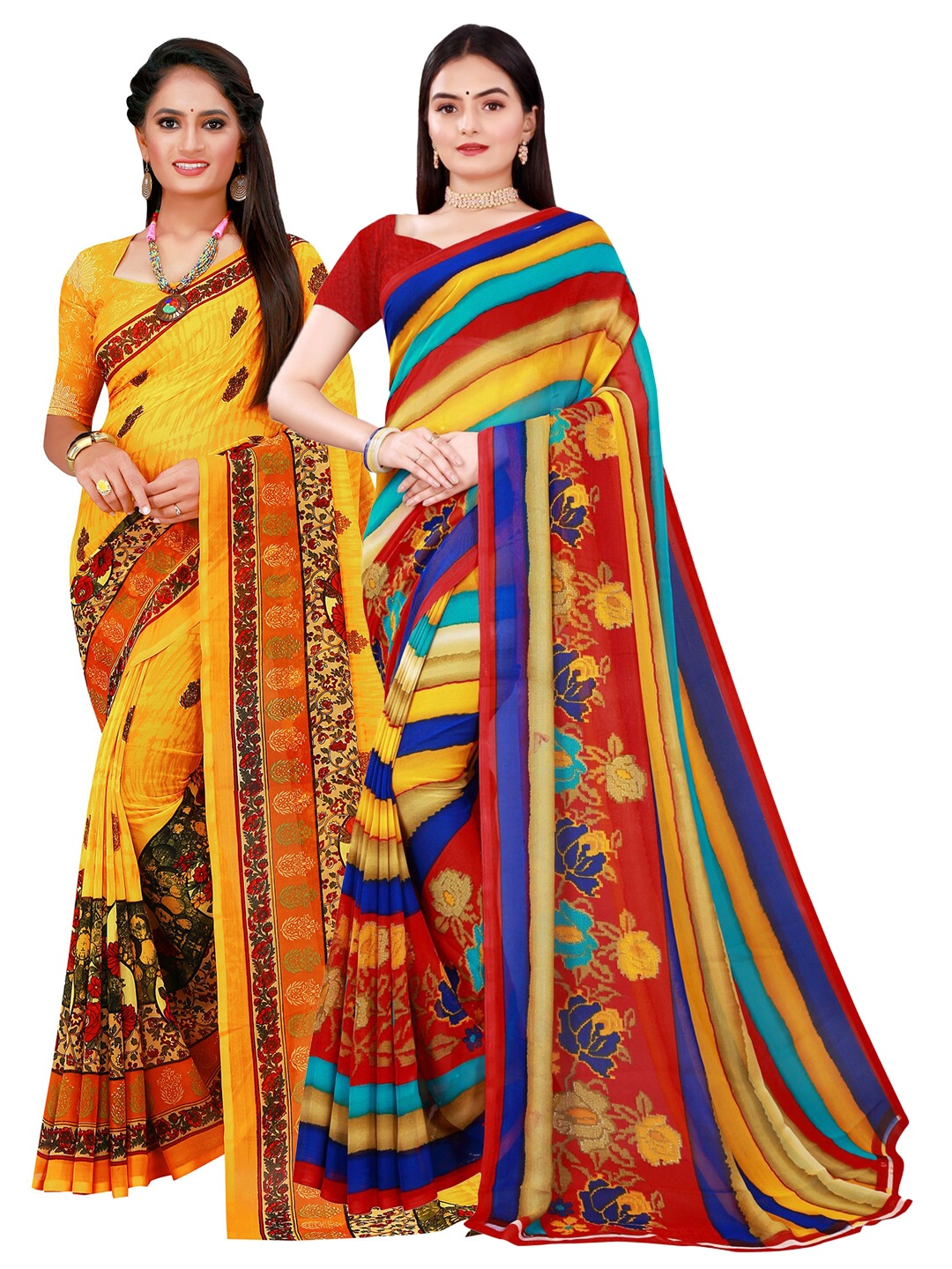 

KALINI Set Of 2 Yellow & Red Floral Pure Georgette Sarees