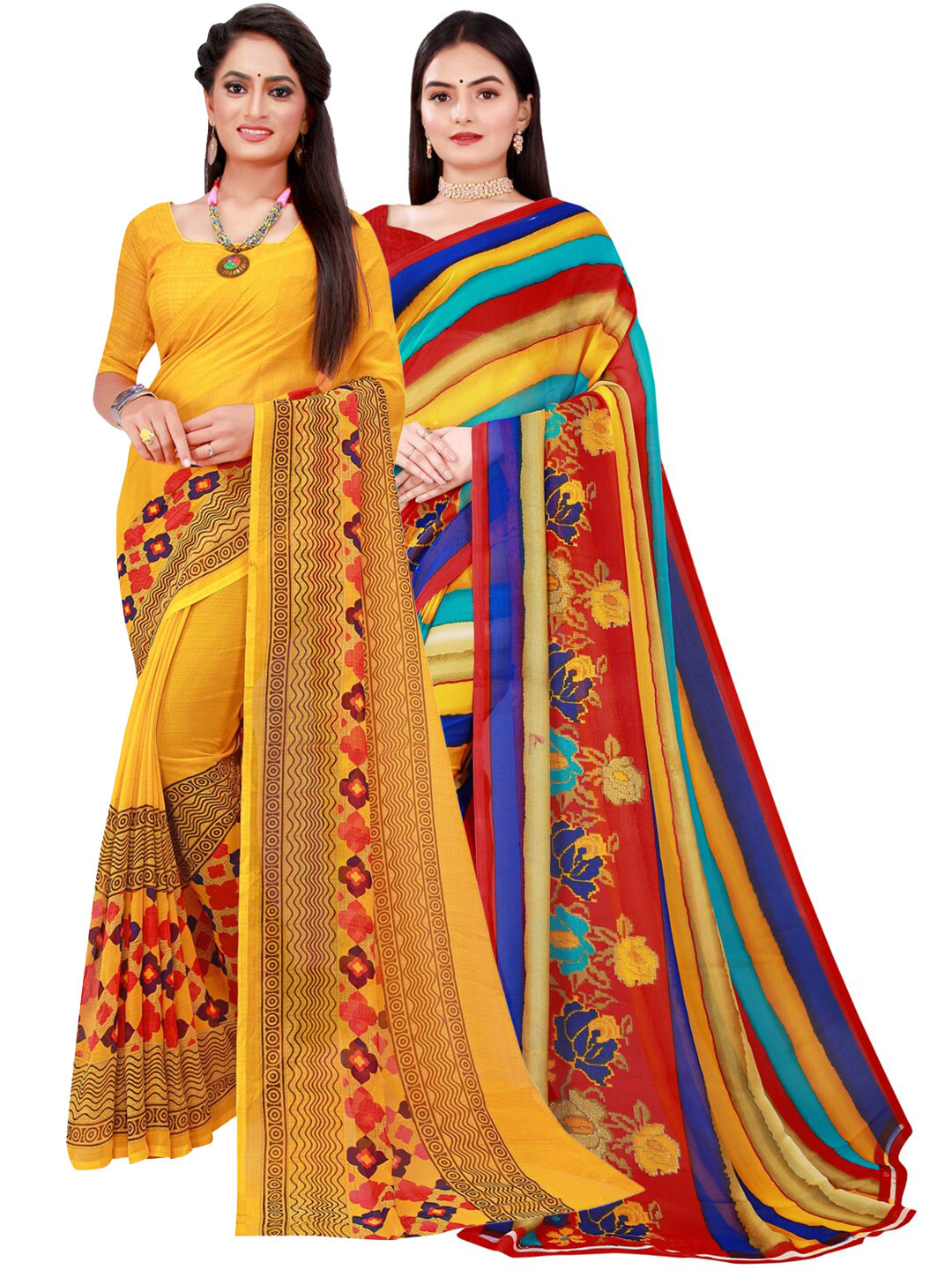 

KALINI Set Of 2 Yellow & Blue Pure Georgette Saree