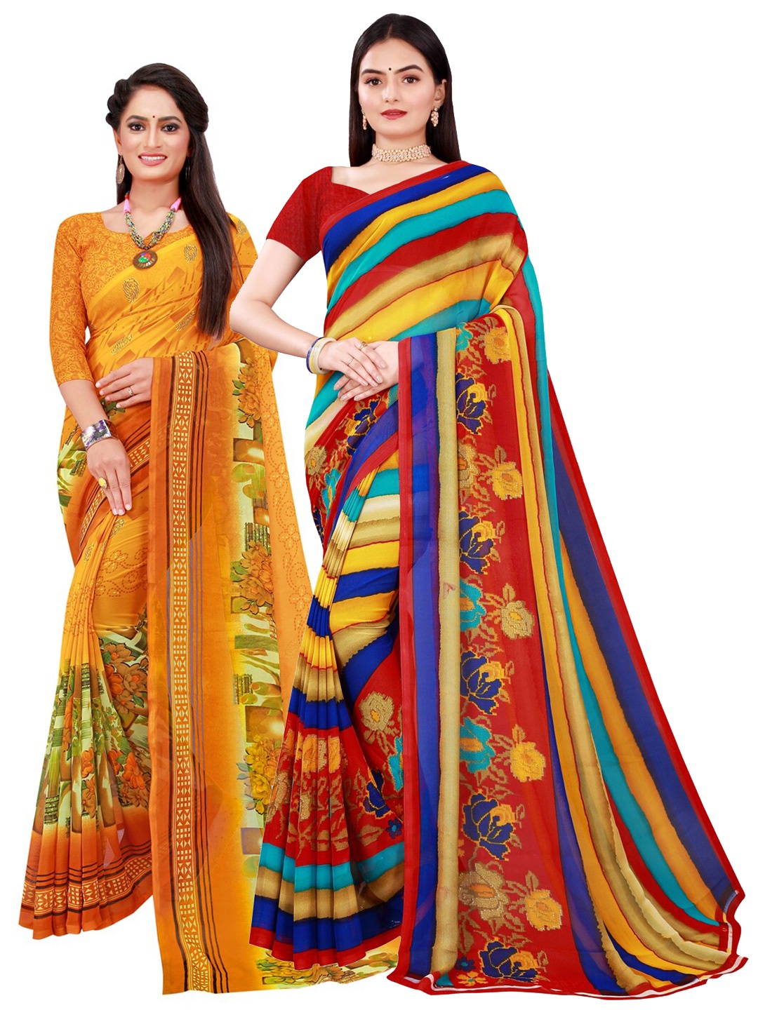 

KALINI Yellow & Red Pure Georgette Printed Saree combo pack of 2