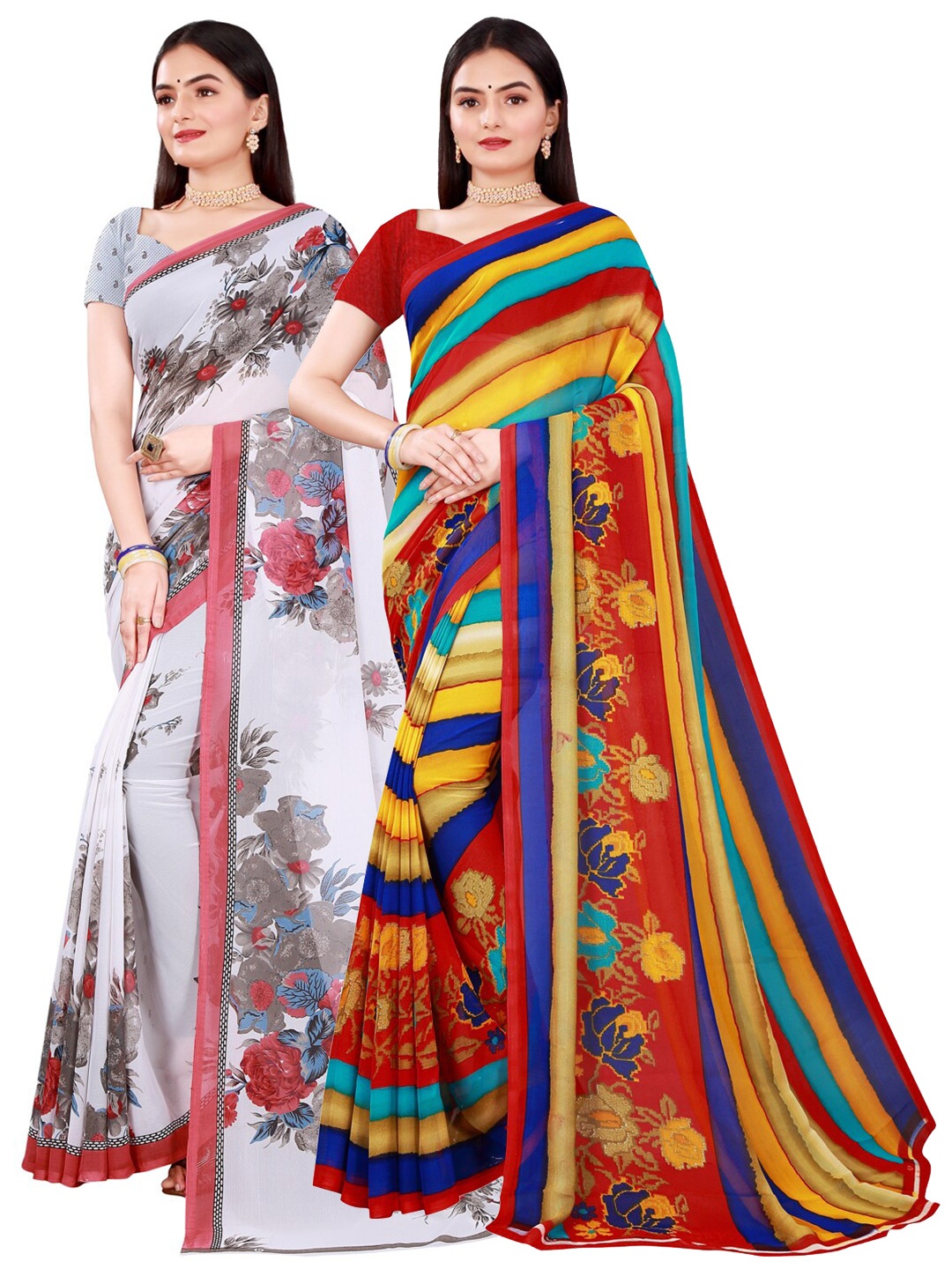 

KALINI Pack Of 2 Red & White Floral Pure Georgette Saree