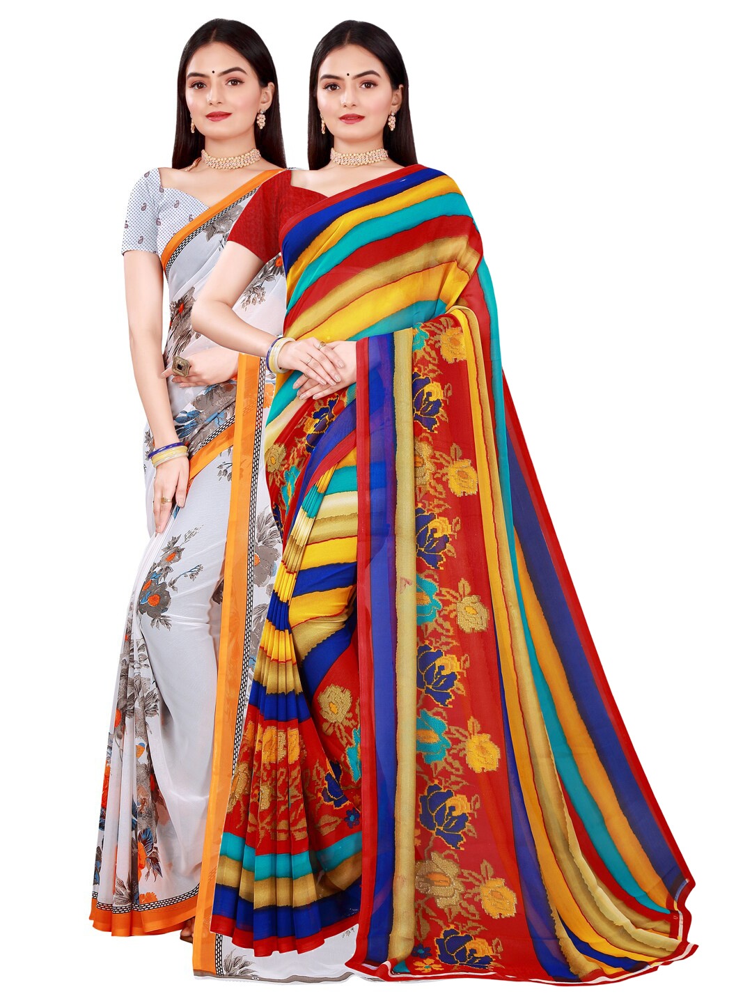 KALINI Pack of 2 White & Red Floral Printed Pure Georgette Saree