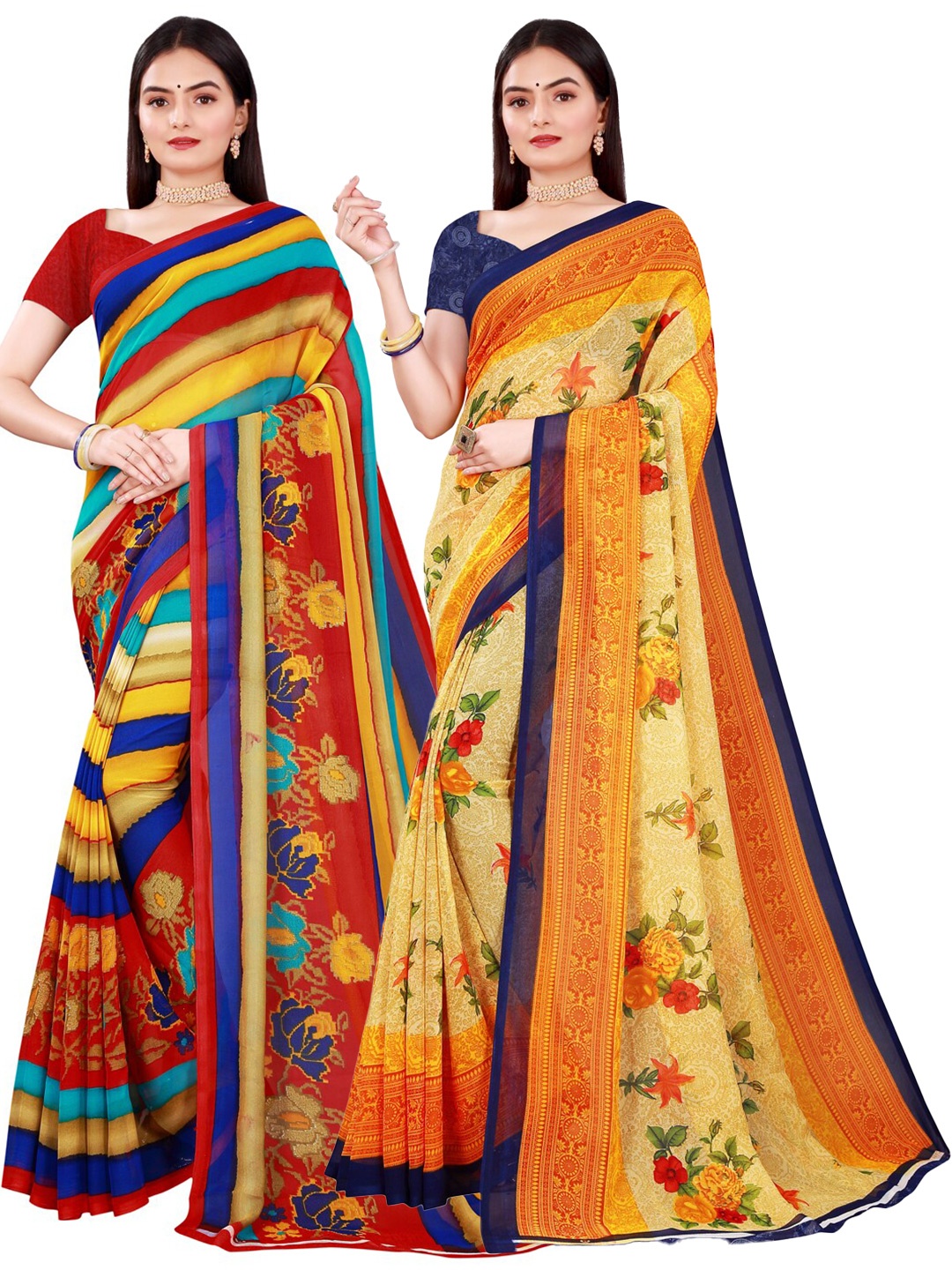 KALINI Pack Of 2 Women Beige & Blue Floral Pure Georgette Saree