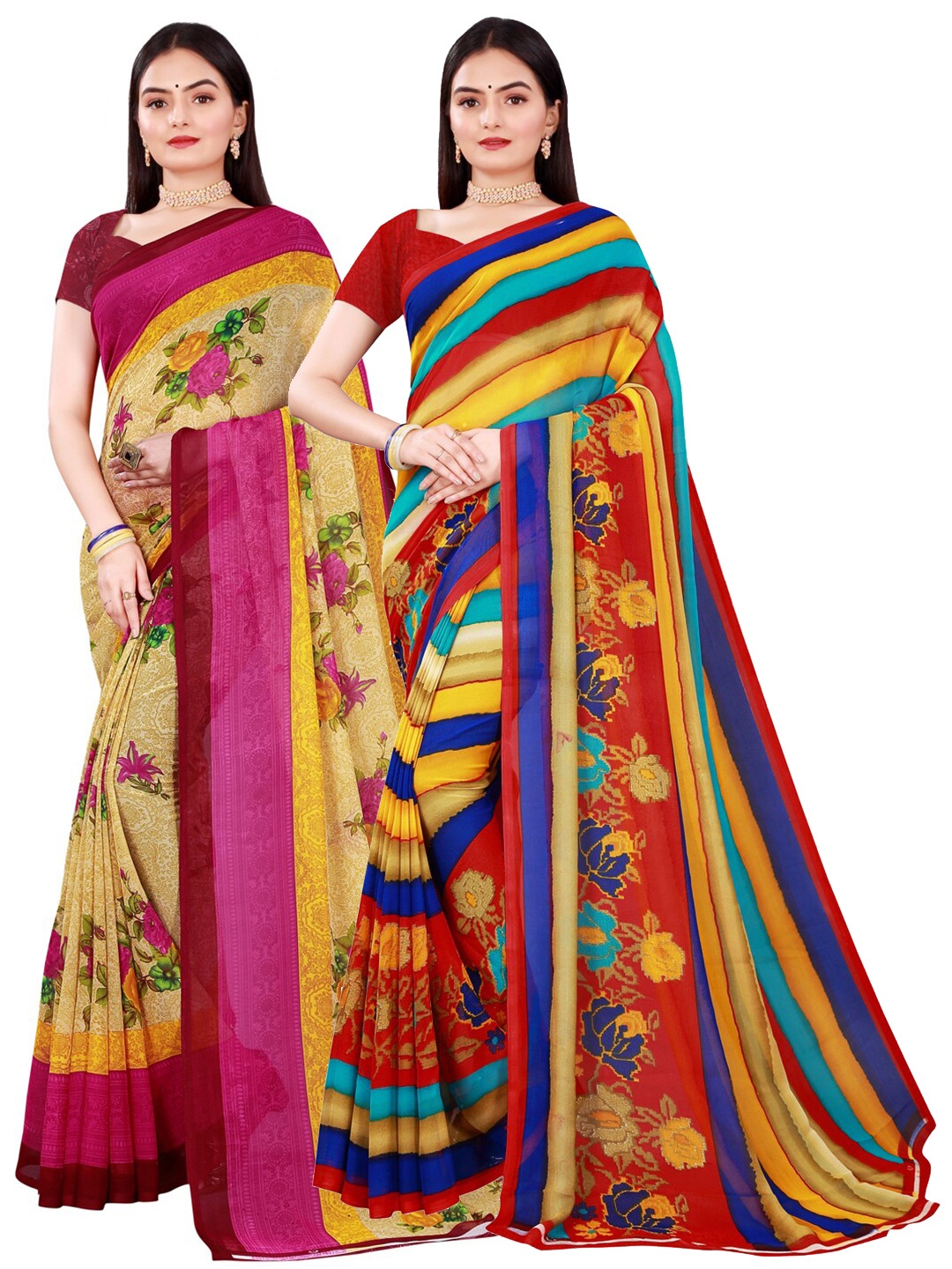KALINI Pack Of 2 Beige & Yellow Pure Georgette Saree