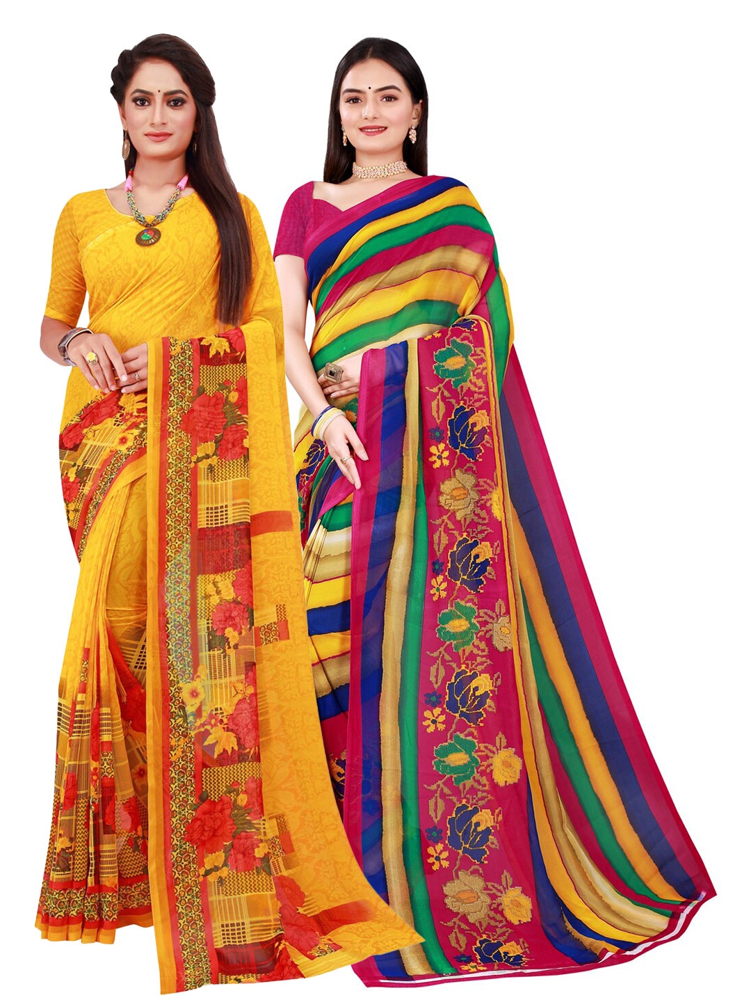 

KALINI Women Set of 2 Navy Red & Yellow Printed Pure Georgette Saree