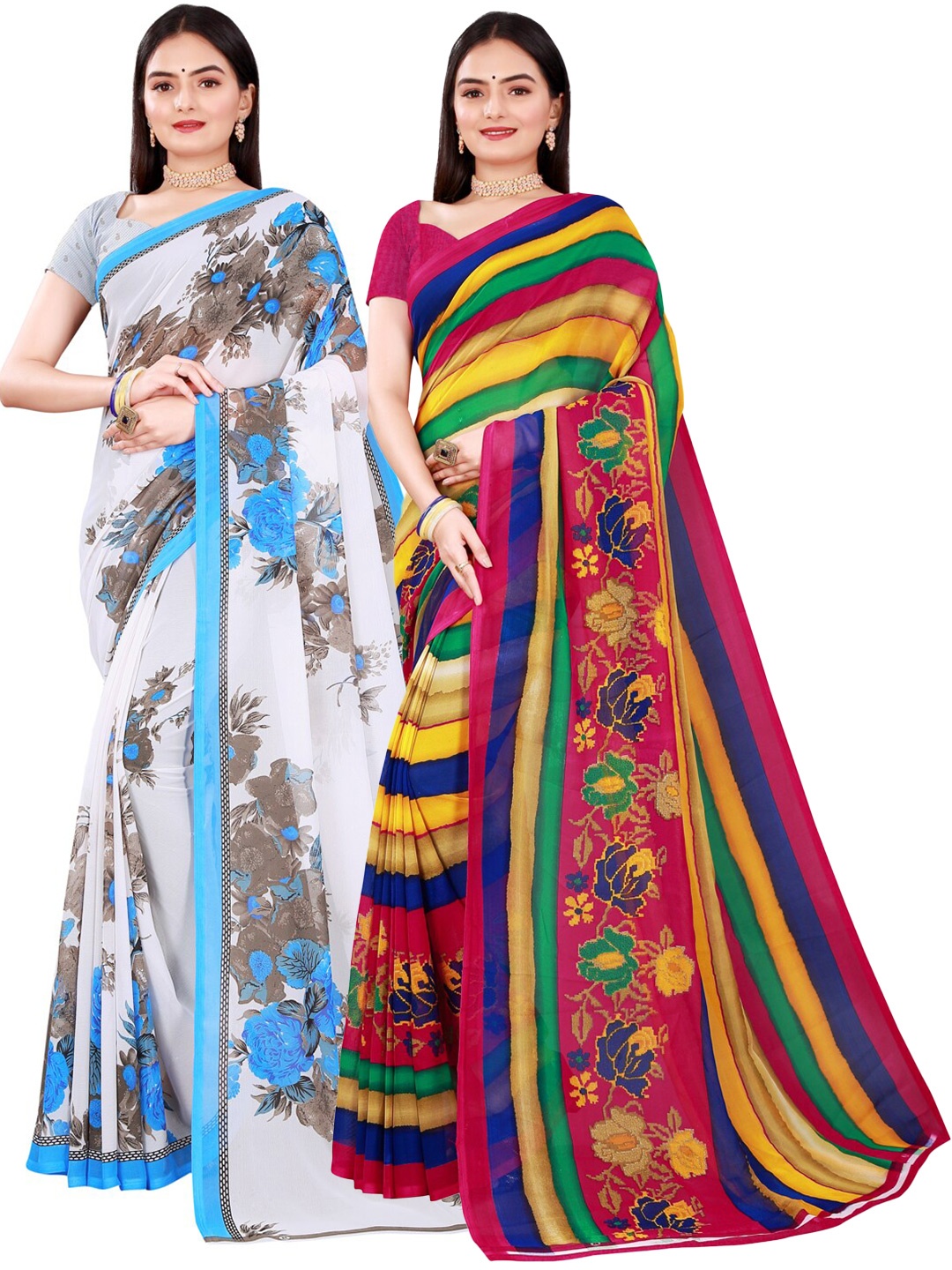 

KALINI Pack of 2 White & Pink Floral Pure Georgette Saree