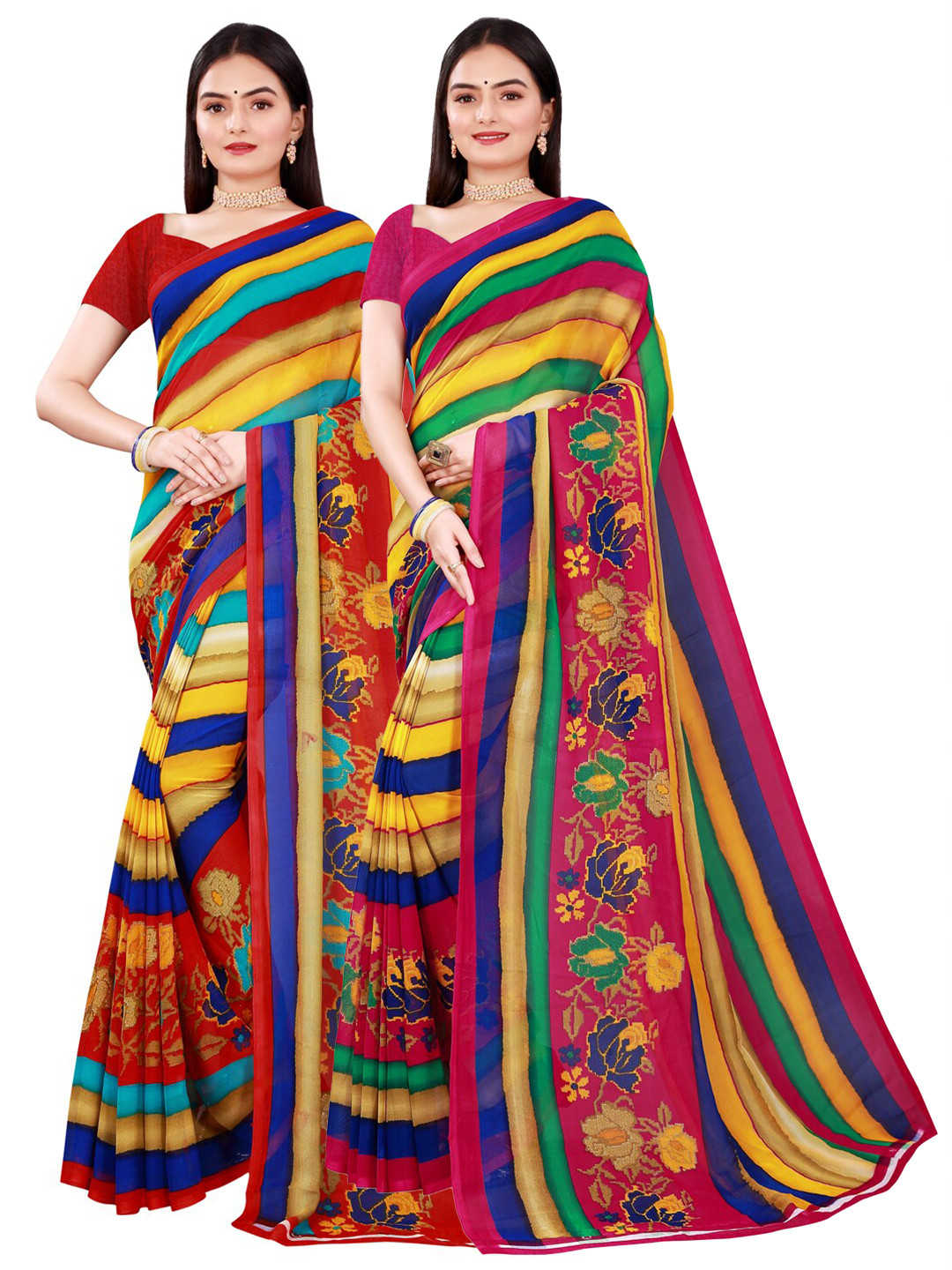 

KALINI Yellow & Maroon Pack of 2 Pure Georgette Saree
