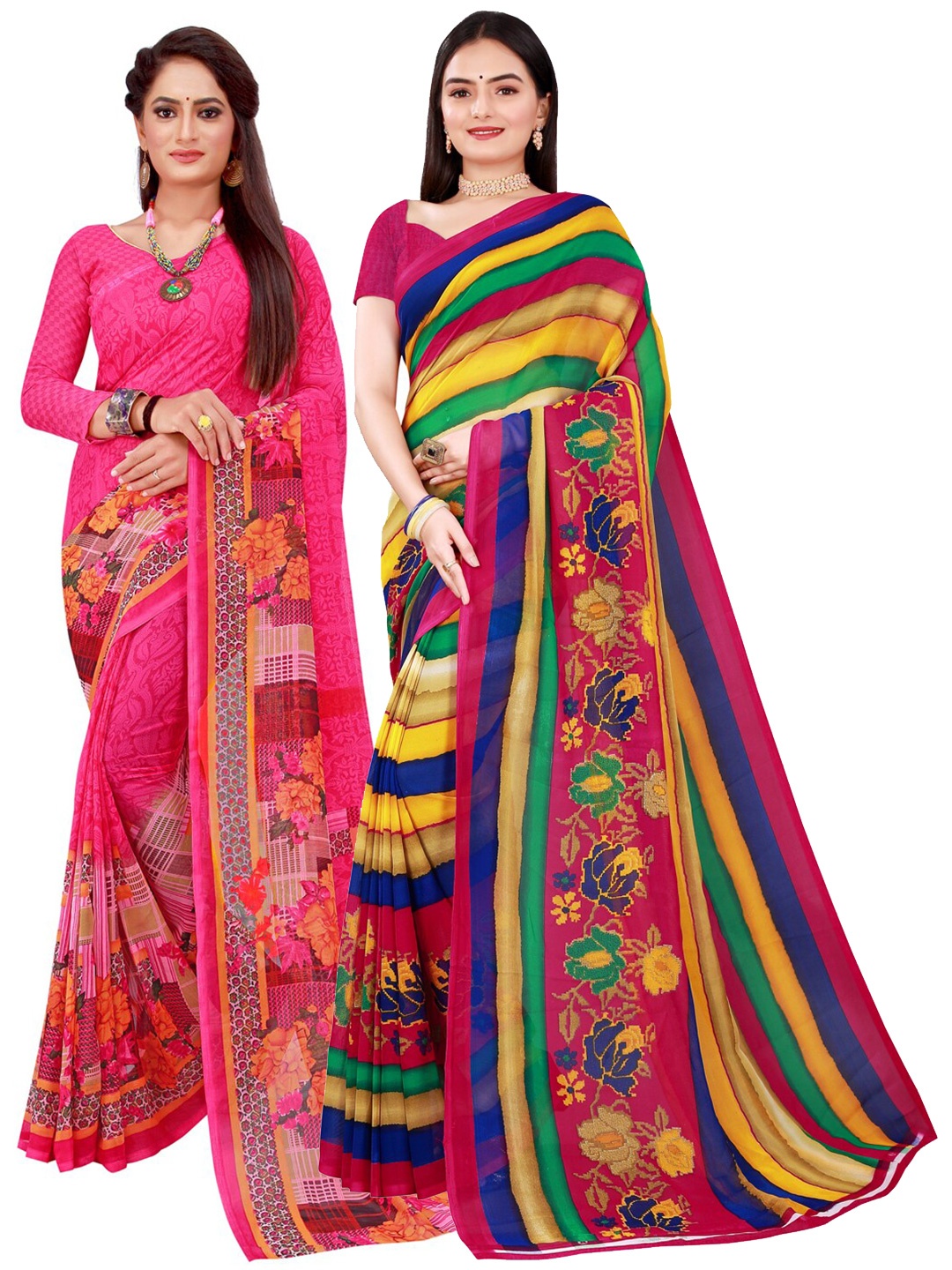 

KALINI Pack Of 2 Magenta & Yellow Pure Georgette Saree