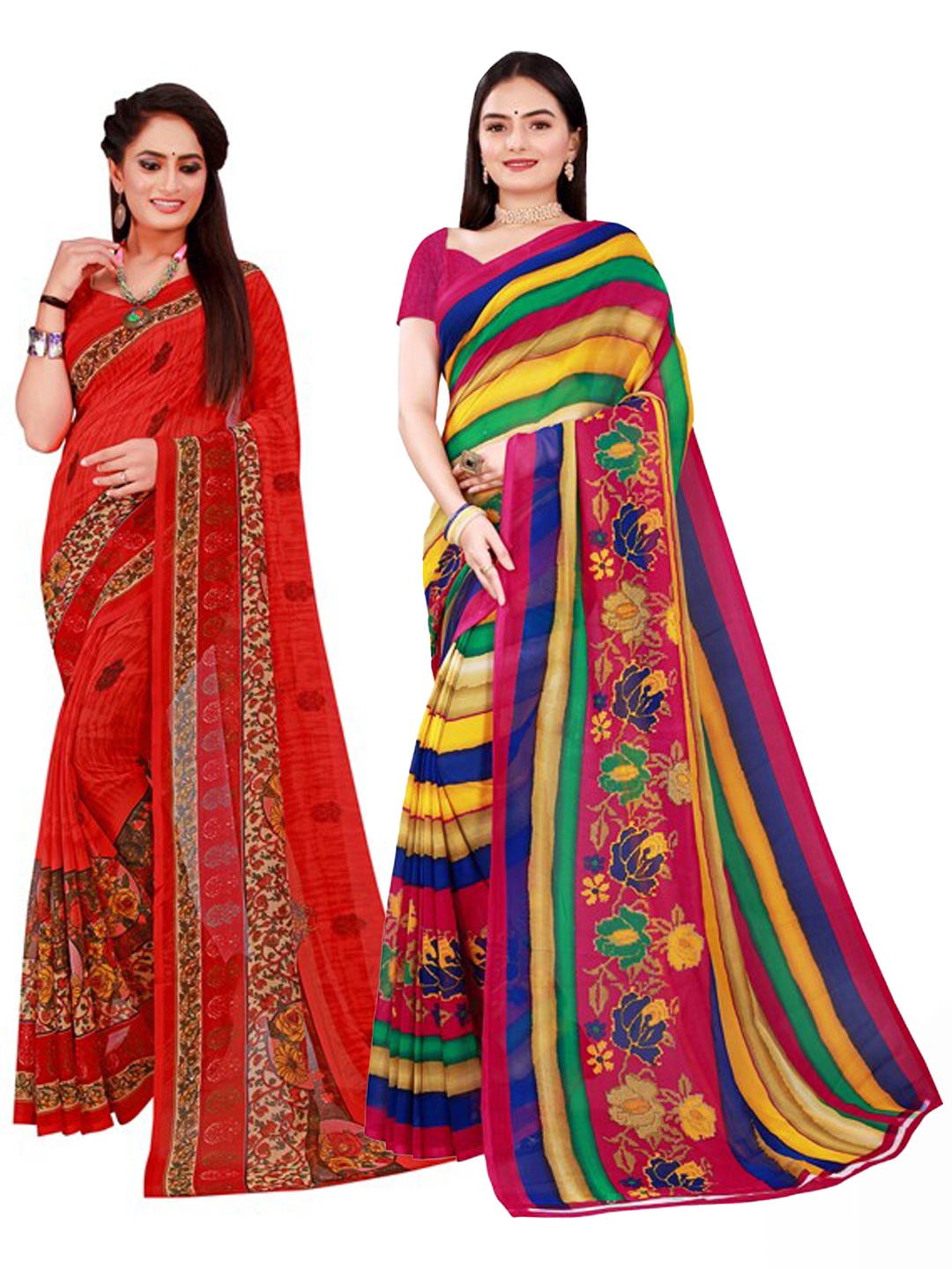 

KALINI Pack of 2 Red & Yellow Floral Pure Georgette Saree