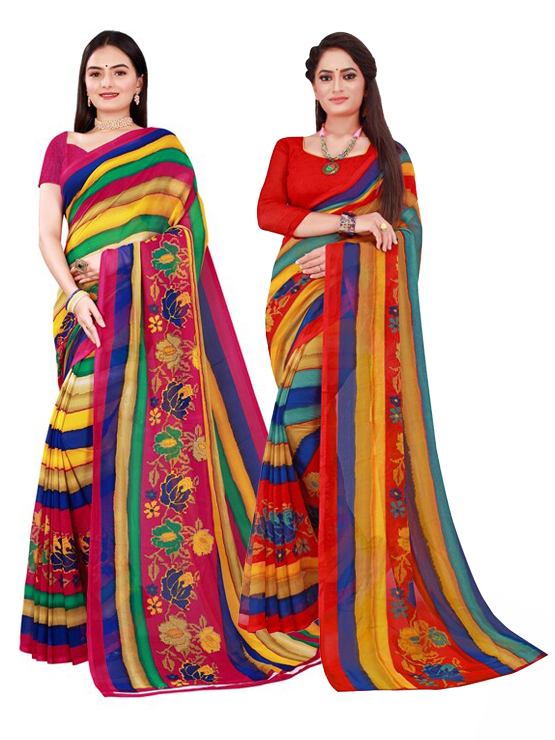 

KALINI Pack of 2 Yellow & Red Pure Georgette Sarees