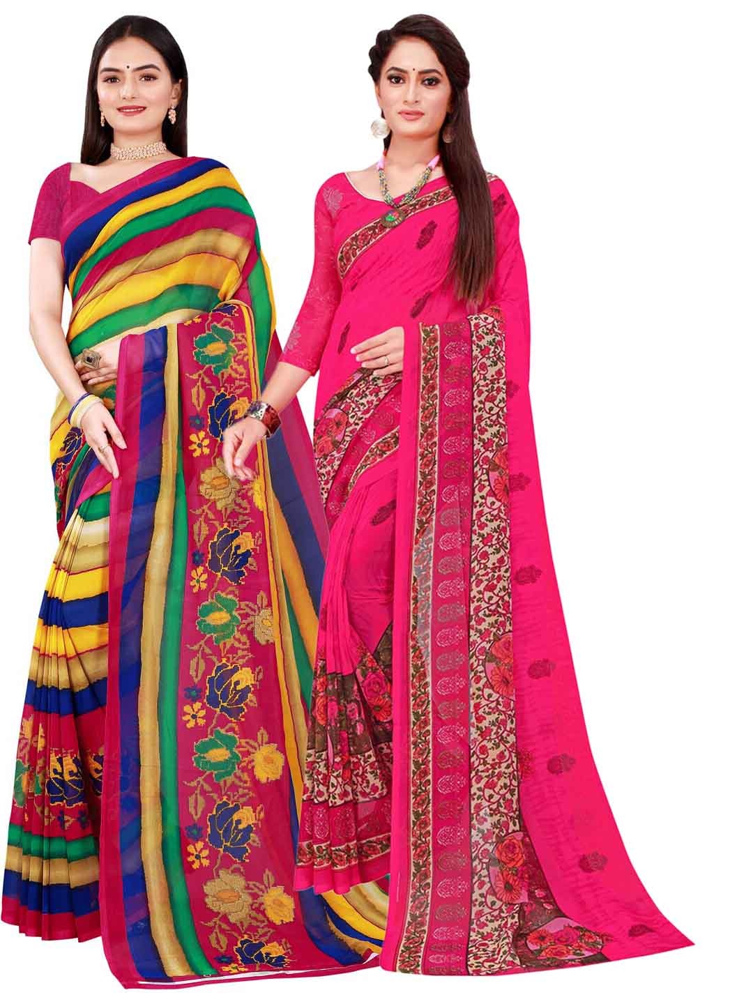

KALINI Pack of 2 Pink & Yellow Striped Pure Georgette Saree
