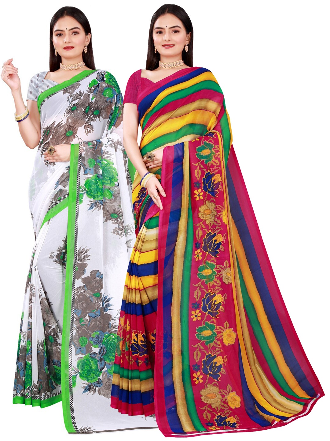 

KALINI Women Pack Of 2 White & Green Floral Pure Georgette Saree