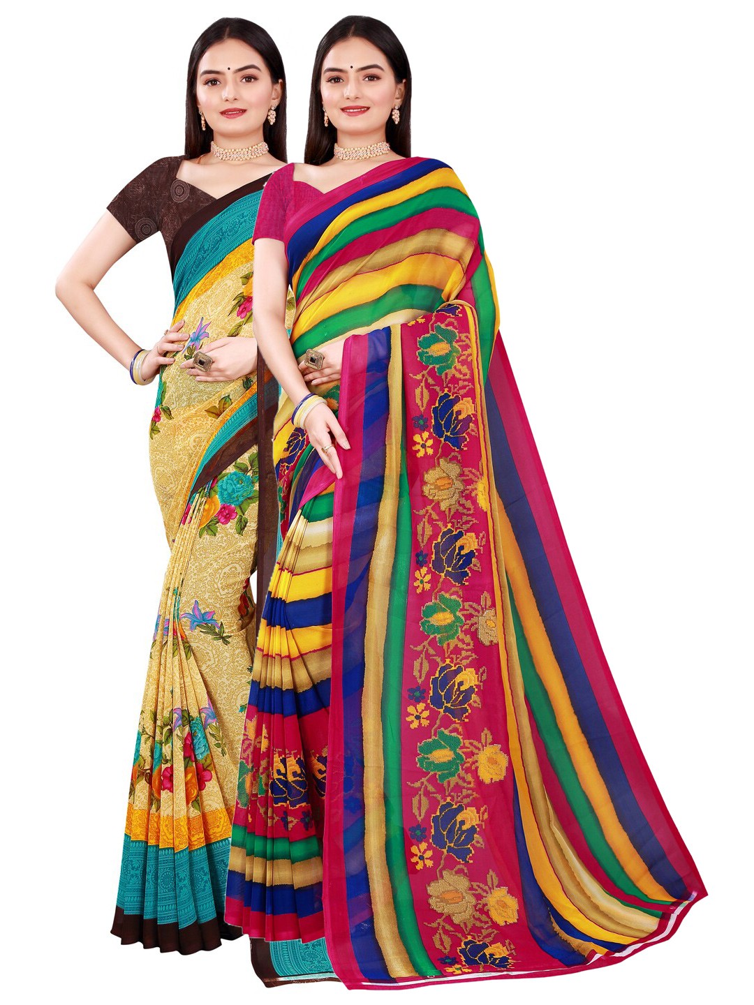 

KALINI Women Pack of 2 Beige & Blue Floral Printed Pure Georgette Sarees
