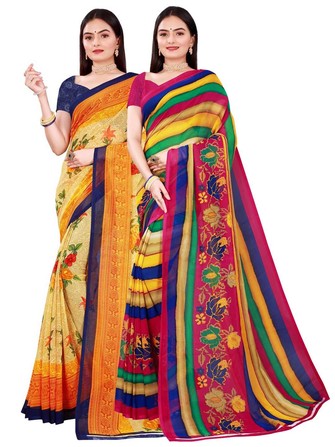 

KALINI Pack Of 2 Beige & Yellow Pure Georgette Saree