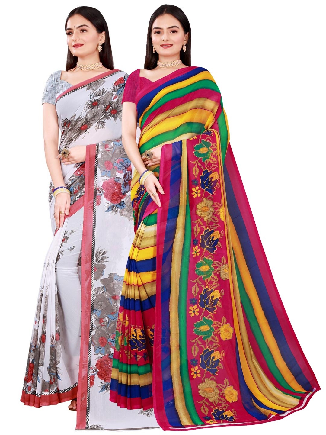 

KALINI Women Pack Of 2 White & Brown Printed Pure Georgette Saree