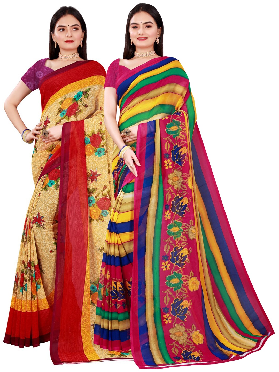 

KALINI Pack Of 2 Beige & Red Floral Pure Georgette Saree