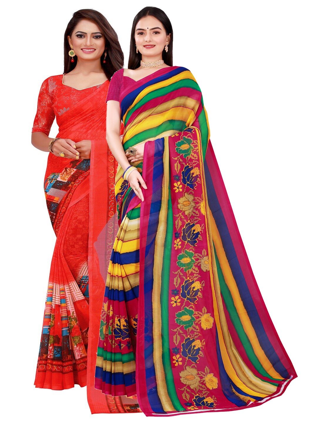 

KALINI Red & Yellow Pack of 2 Printed Pure Georgette Saree