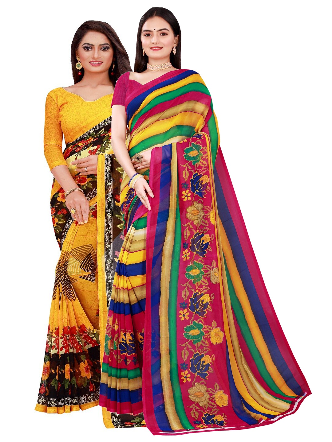 

KALINI Pack of 2 Yellow & Pink Floral Pure Georgette Saree