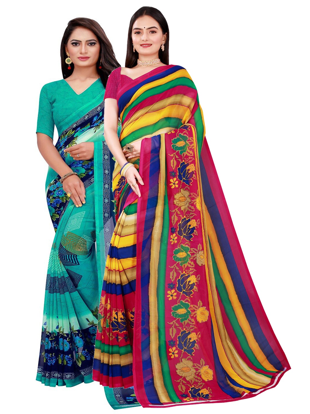 

KALINI Pack of 2 Green & Yellow Pure Georgette Sarees