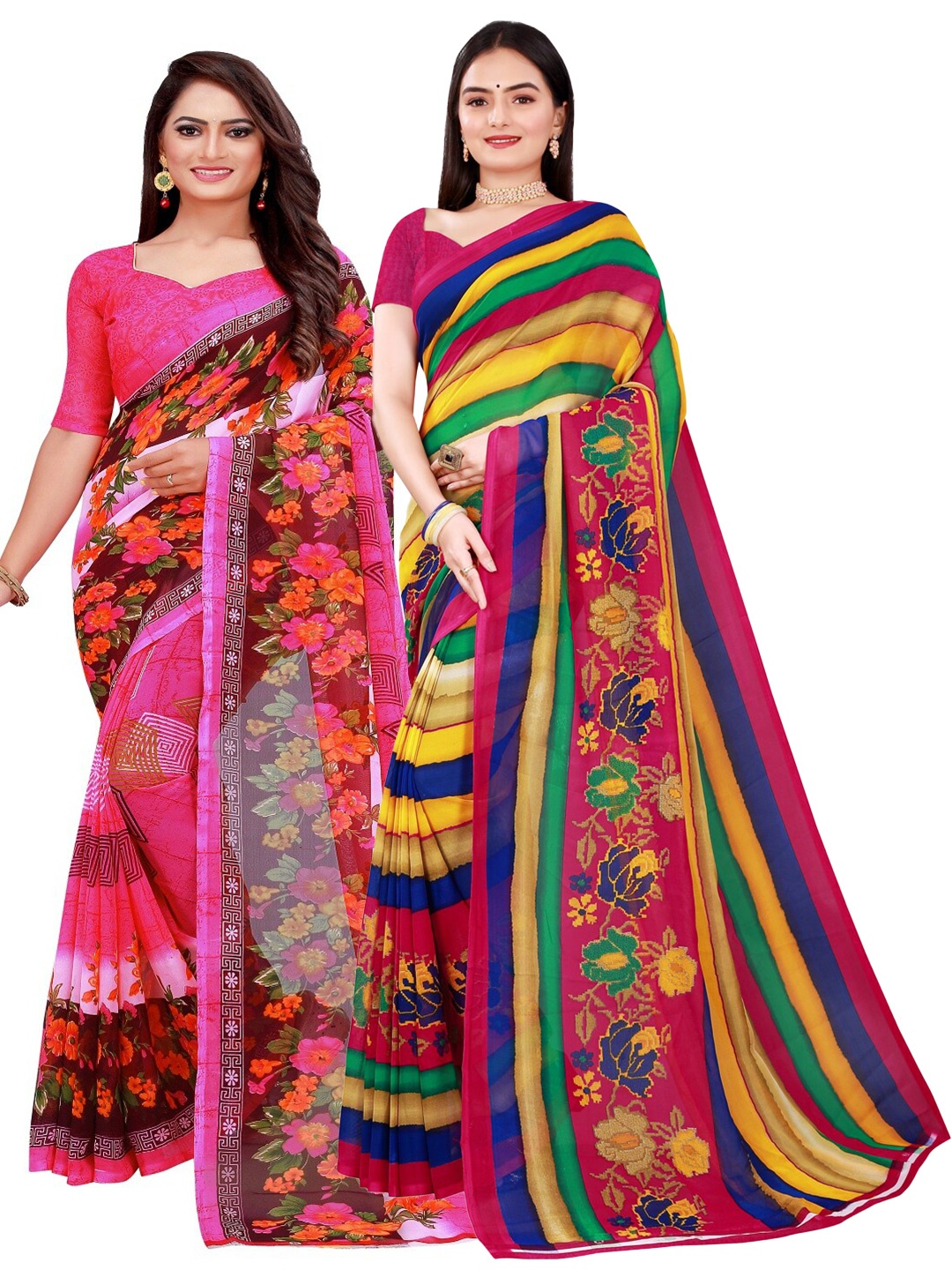 

KALINI Pack Of 2 Pink & Yellow Floral Pure Georgette Saree