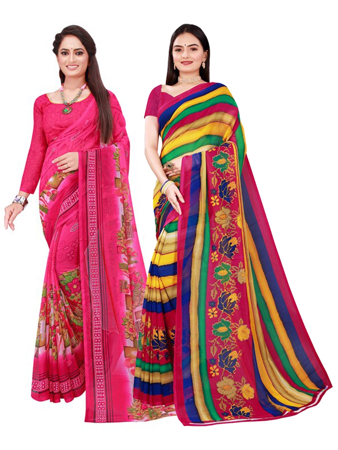 

KALINI Magenta & Yellow Pure Georgette Pack Of 2 Saree