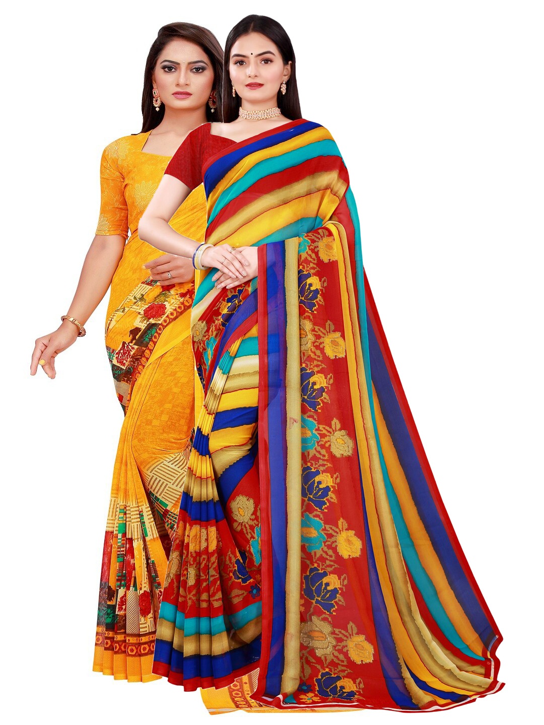 KALINI Pack of 2 Yellow & Blue Floral Pure Georgette Saree